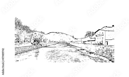 Building view with landmark of Lienz is the 
town in Austria. Hand drawn sketch illustration in vector.