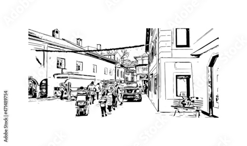 Building view with landmark of Lienz is the 
town in Austria. Hand drawn sketch illustration in vector.