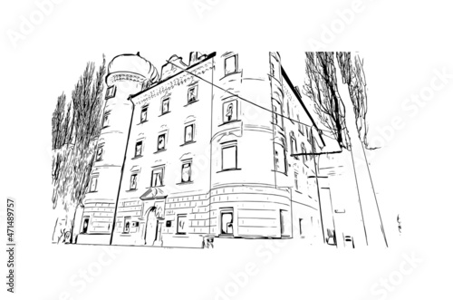Building view with landmark of Lienz is the 
town in Austria. Hand drawn sketch illustration in vector.