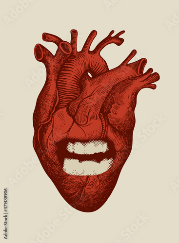 Vector banner with a red human heart with a screaming or growling mouth isolated on a light background. Abstract illustration with a scary hand-drawn character in the form of a hungry heart