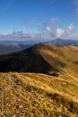 Beautiful autumn mountains in the Carpathians. A walk in the mountains in sunny weather. © Sergii