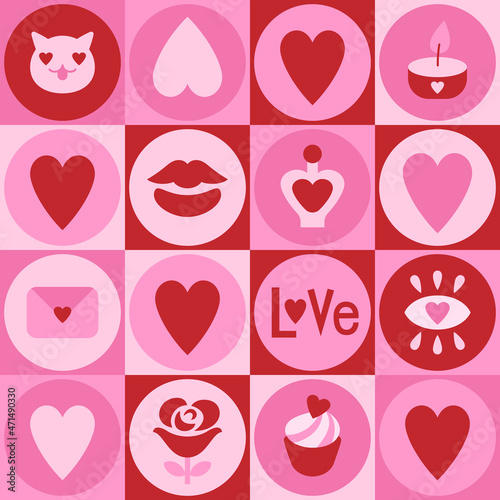 Kitsch St. Valentine seamless pattern. Pink love and hearts. Romantic illustration.