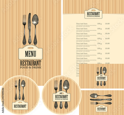 Vector set of design elements for a restaurant with an old beautiful cutlery on a striped beige background. Menu cover, food and drink price list, stands for beverages and business cards
