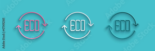 Paper cut Leaf Eco symbol icon isolated on blue background. Banner, label, tag, logo, sticker for eco green. Paper art style. Vector
