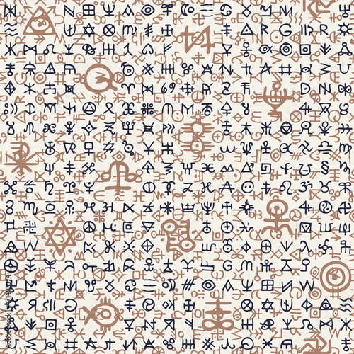 Abstract seamless pattern with magical runes and esoteric signs. Vector background with black and brown mystical symbols on a vintage beige backdrop. Suitable for wallpaper, wrapping paper or fabric