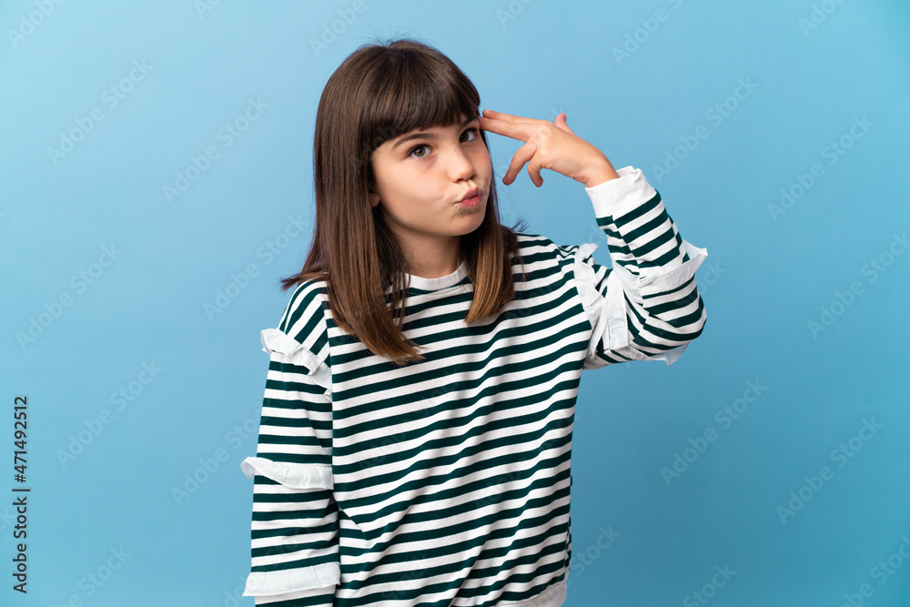 Little girl over isolated background with problems making suicide gesture Little girl over isolated background with problems making suicide gesture