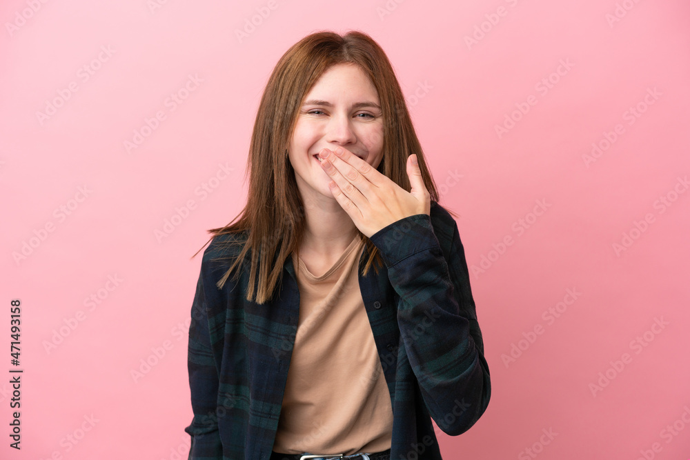 Young English woman isolated on pink background happy and smiling covering mouth with hand Young English woman isolated on pink background happy and smiling covering mouth with hand