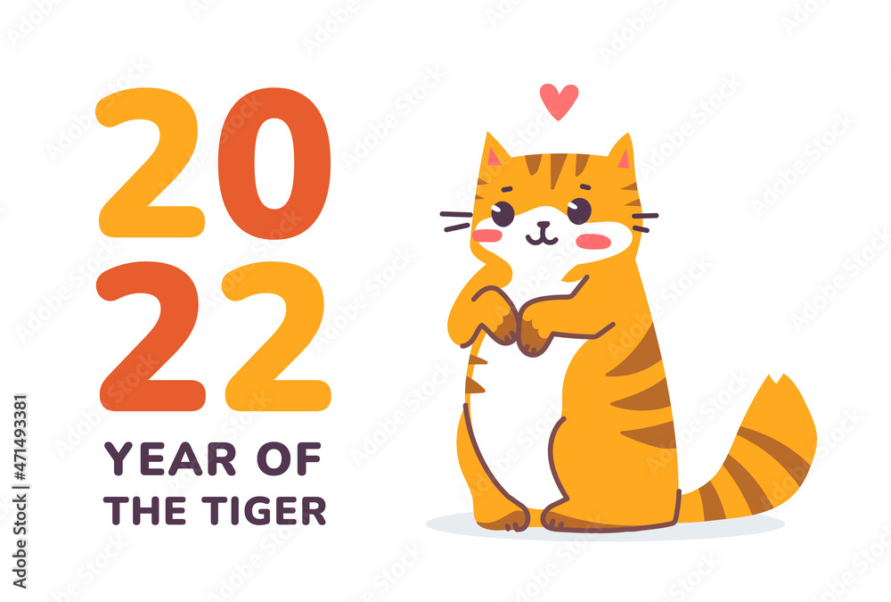 Fototapeta premium Vector illustration of happy cute striped red cat character on white color background. Flat line art style design of standing animal tiger cat with text. Symbol of New Year 2022