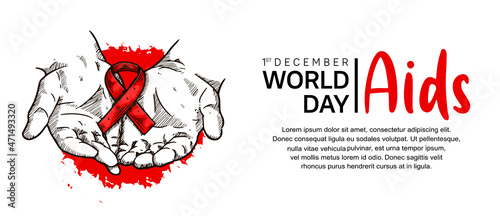 World AIDS Day with hand holding red ribbon hand drawn style. Vector can be use for poster, campaign and banner