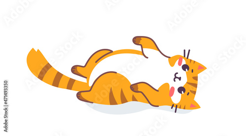 Vector illustration of happy cute striped red cat character on white color background. Flat line art style design of lying on back animal tiger cat. Symbol of New Year 2022
