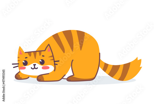 Vector illustration of happy cute striped red cat character on white color background. Flat line art style design of sitting animal tiger cat. Symbol of New Year 2022