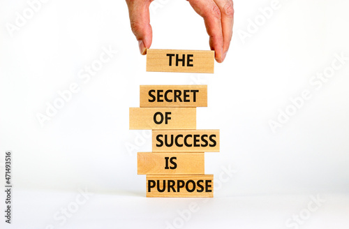 Success and purpose symbol. Wooden blocks with concept words The secret of success is purpose. Beautiful white background, copy space. Businessman hand. Business, success and purpose concept.