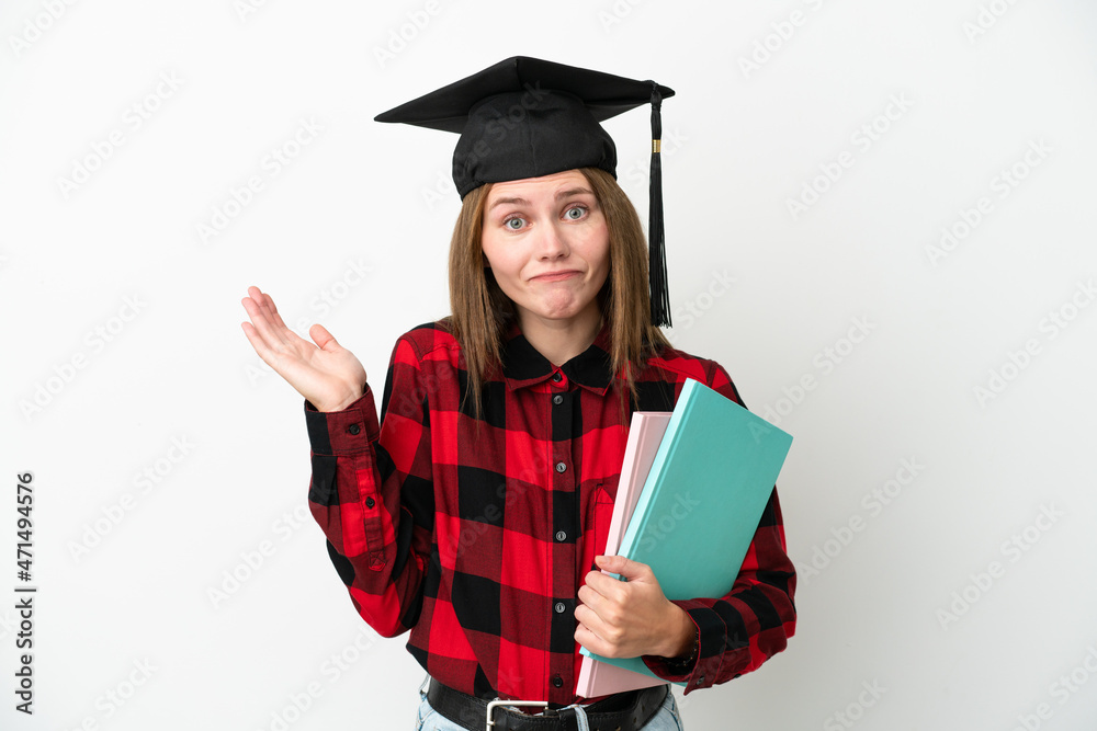 Young English student woman isolated on white background having doubts while raising hands Young English student woman isolated on white background having doubts while raising hands