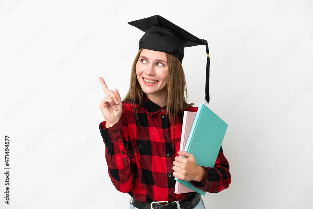 Young English student woman isolated on white background pointing up a great idea Young English student woman isolated on white background pointing up a great idea