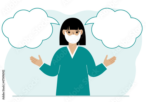 Wallpaper Mural A woman with a medical mask is trying to make the right decision. Left and right are empty bubbles. Comparison of the two solutions. Torontodigital.ca