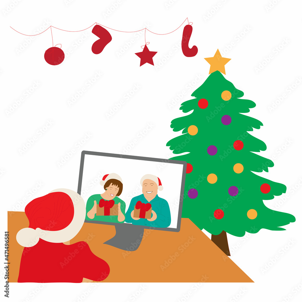 Fototapeta premium Vector illustration of christmas season in coronavirus pandemic. Meeting online with family
