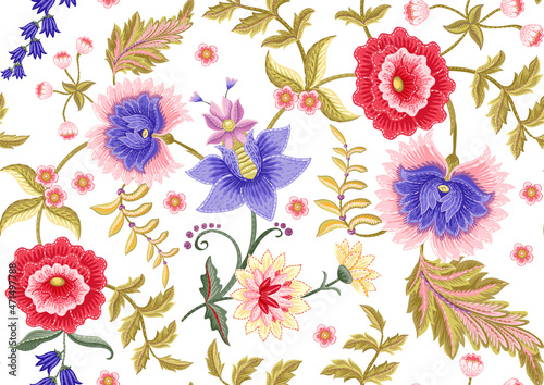 Fantasy flowers in retro, vintage, jacobean embroidery style. Seamless pattern, background. Vector illustration.