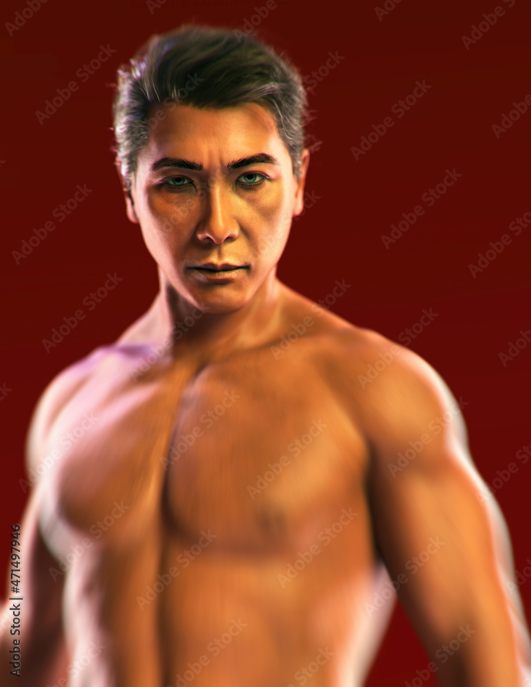 Portrait of a muscled bare chested asian man against a red background. 3D render.