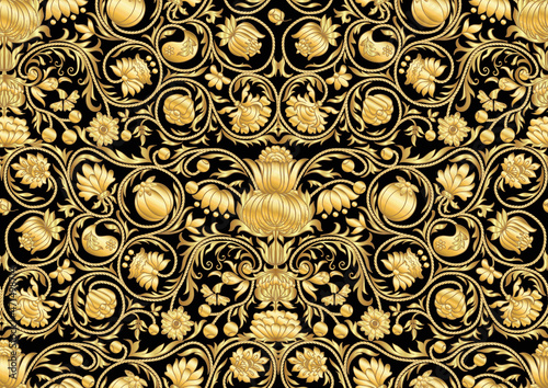 Fantasy flowers in retro, vintage, embroidery style. Seamless pattern, background. In gold and black.