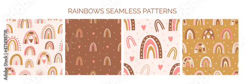Boho rainbow seamless patterns set in neutral colors. Baby boho background. Vector illustration for nursery decoration, print, t-shirt.