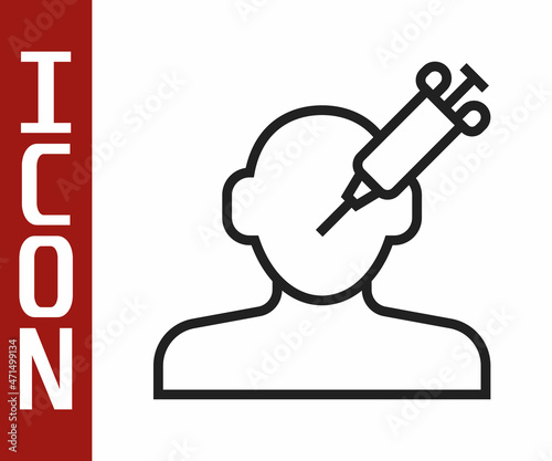 Black line Addiction to the drug icon isolated on white background. Heroin, narcotic, addiction, illegal. Sick junkie with a syringe and medical pills. Vector