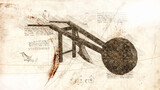 3d illustration - farm tool cart drawing in style of Leonardo Da Vinci