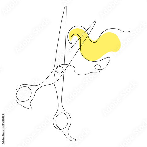 Scissors cut off the curl. Hairdressing services. One line drawing.