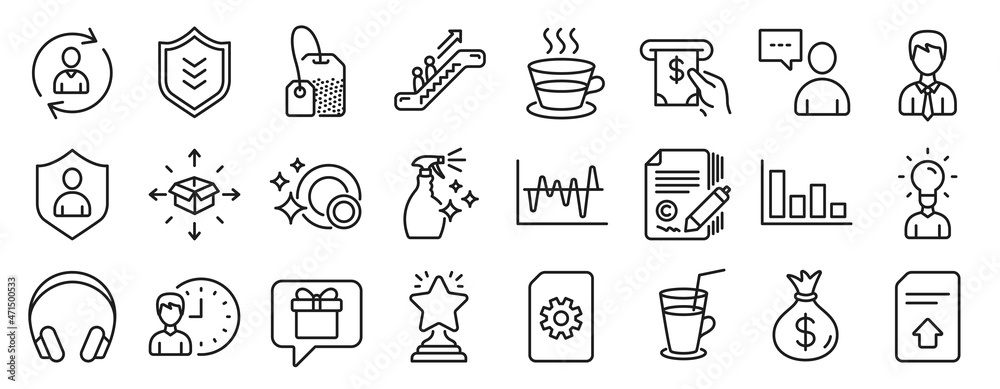 Set of line icons, such as Money bag, Businessman, File management icons. Users chat, Working hours, Coffee cup signs. Headphones, Clean dishes, Shield. Winner, Histogram, Stock analysis. Vector Set of line icons, such as Money bag, Businessman, File management icons. Users chat, Working hours, Coffee cup signs. Headphones, Clean dishes, Shield. Winner, Histogram, Stock analysis. Vector