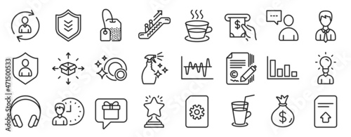 Set of line icons  such as Money bag  Businessman  File management icons. Users chat  Working hours  Coffee cup signs. Headphones  Clean dishes  Shield. Winner  Histogram  Stock analysis. Vector