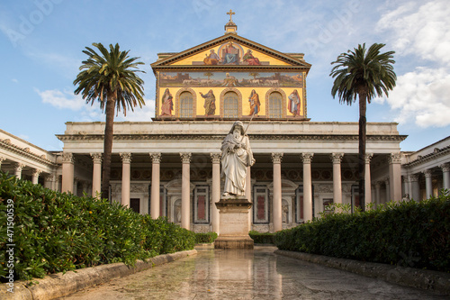 Exterior of the papal basilica of Saint Paul Outside the Walls in Rome  Italy. The facade above the colonnade is decorated with mosaics made in the 19th century.