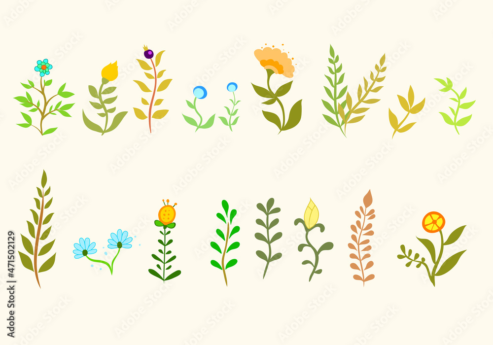 Set of plants, flowers and leaves for the decor of postcards, banners, graphic design of various projects. Vector illustration Set of plants, flowers and leaves for the decor of postcards, banners, graphic design of various projects. Vector illustration