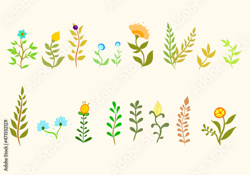 Set of plants, flowers and leaves for the decor of postcards, banners, graphic design of various projects. Vector illustration