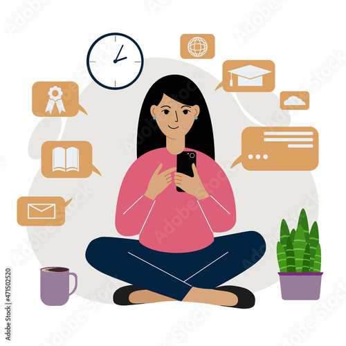 Online education, self-study. A woman sits with a mobile phone and is engaged. A set of icons related to education