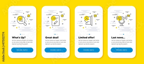 Vector set of Skin condition, Edit document and Sign out line icons set. UI phone app screens with line icons. Microphone icon. Search magnifier, Page with pencil, Logout. Mic. Vector