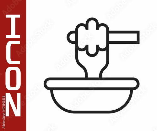 Black line Honey dipper stick with bowl icon isolated on white background. Honey ladle. Vector