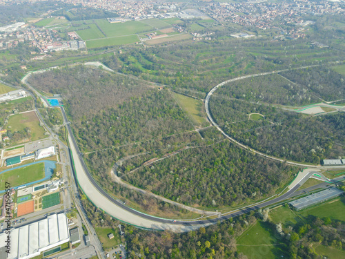 Aerial view of The Autodromo Nazionale of Monza, that is a race track located near the city of Monza, north of Milan, in Italy. Drone photography of the circuit in Monza, Lombardia, Brianza.