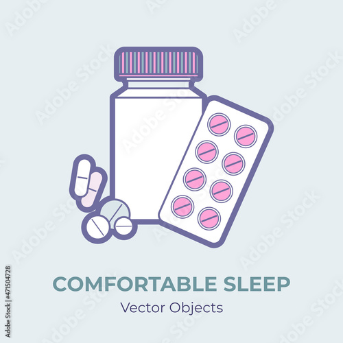 Sleep pills vector isolated. Comfortable sleep illustration item. Good night concept cartoon sleeping pill against sleep disorder insomnia depression. Self helping sleep disorder therapy treatment