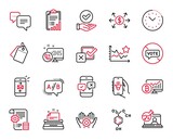 Vector Set of Technology icons related to Chemical formula, Typewriter and Ab testing icons. Dollar exchange, Music app and Checkbox signs. Checklist, Ranking stars and Web call. Sale tags. Vector