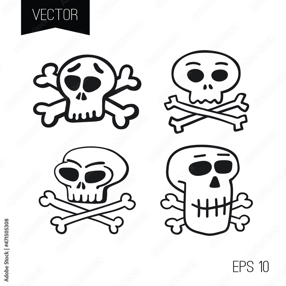 Funny cartoon skulls and crossbones vector set. Icon or logo or tiny tattoo.