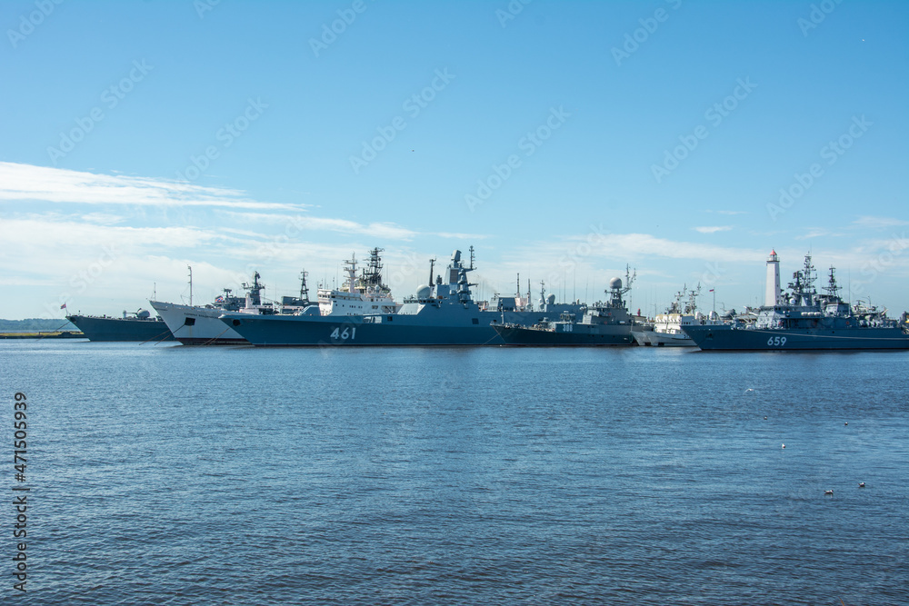 Old Russian Navy ships docked in Kronstadt on Kotlin Island