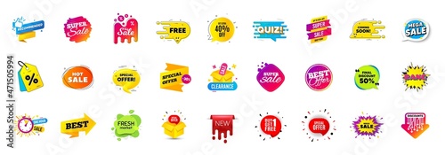 Best sale offer banners. Discounts price deal stickers. Special offer 3d bubble. Promotion sale tag coupons. Best discount deal sticker templates. Quiz bubble banner. Promotion Ad labels. Vector
