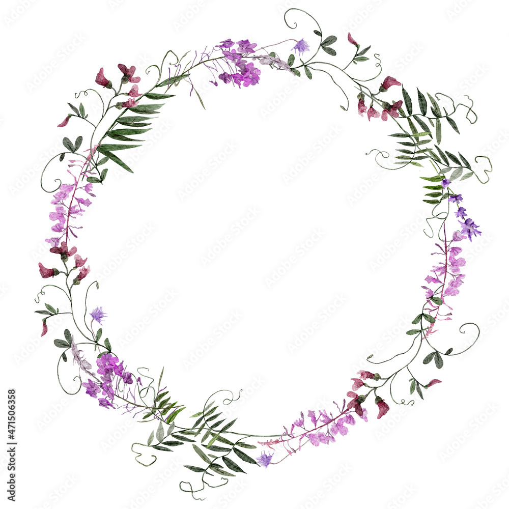 Botanical floral wreath, Watercolor wreath, Spring flowers frame, Isolated on white background, Hand drawing wild flowers, Wild herbs Illustration for invitation, greeting cards, wedding