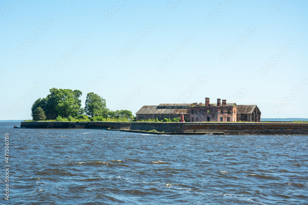 Ruins of the medieval Kronstadt fortification built by Peter the Great around Kotlin Island on the banks of the Finnish gulf, Saint Petersburg, Russia