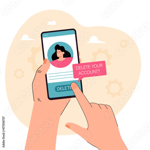 Hand holding phone with social media profile and delete button. Woman deleting account from online network flat vector illustration. Technology or internet addiction concept for banner or landing page