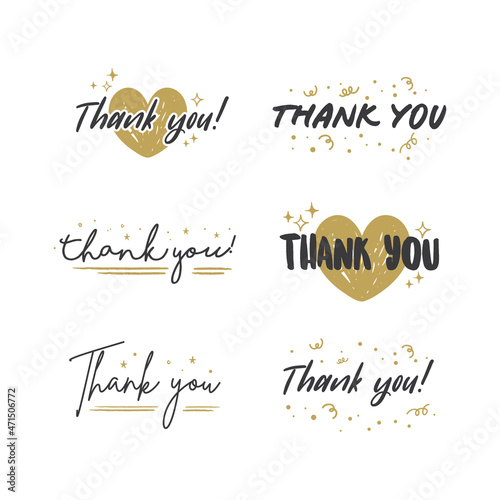Thank You lettering compositions written with decorative calligraphic font. Bundle of gratitude phrase decorated with cute elements. Hand drawn thanks vector quotes.
