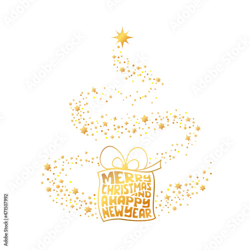 Christmas Poster with lettering in the box. Vector illustration of Christmas Background with snowflakes and golden stars of Christmas tree.