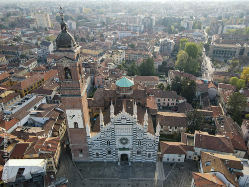 Aerial view of facade of the ancient Duomo in Monza (Monza Cathedral). Drone photography of the main square with church in Monza in north Italy, Brianza, Lombardia, near Milan.