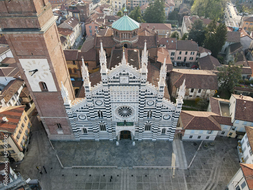 Aerial view of facade of the ancient Duomo in Monza (Monza Cathedral). Drone photography of the main square with church in Monza in north Italy, Brianza, Lombardia, near Milan. photo