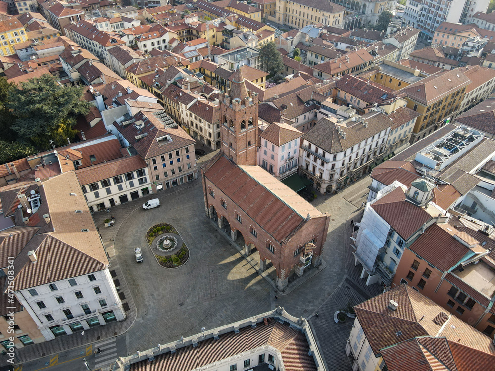 Aerial view of facade of the ancient Duomo in Monza (Monza Cathedral). Drone photography of the main square with church in Monza in north Italy, Brianza, Lombardia, near Milan.
