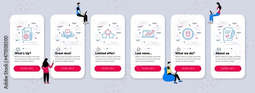 Vector Set of Education icons related to Ranking stars, Documentation and Sales diagram icons. UI phone app screens with teamwork. Vector